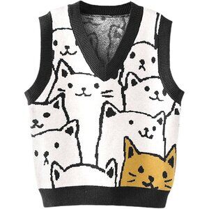 Womens Cat Sweater Vest V Neck Knitted Sleeveless Pullover Cute Knit Top